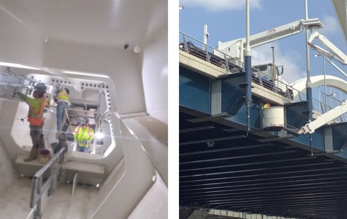 split image of workers inside bridge mechanism and inspecting underside
